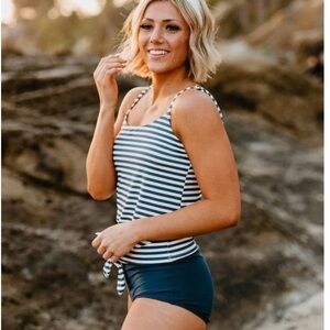 Striped Navy and White Women's High Waist Tankini